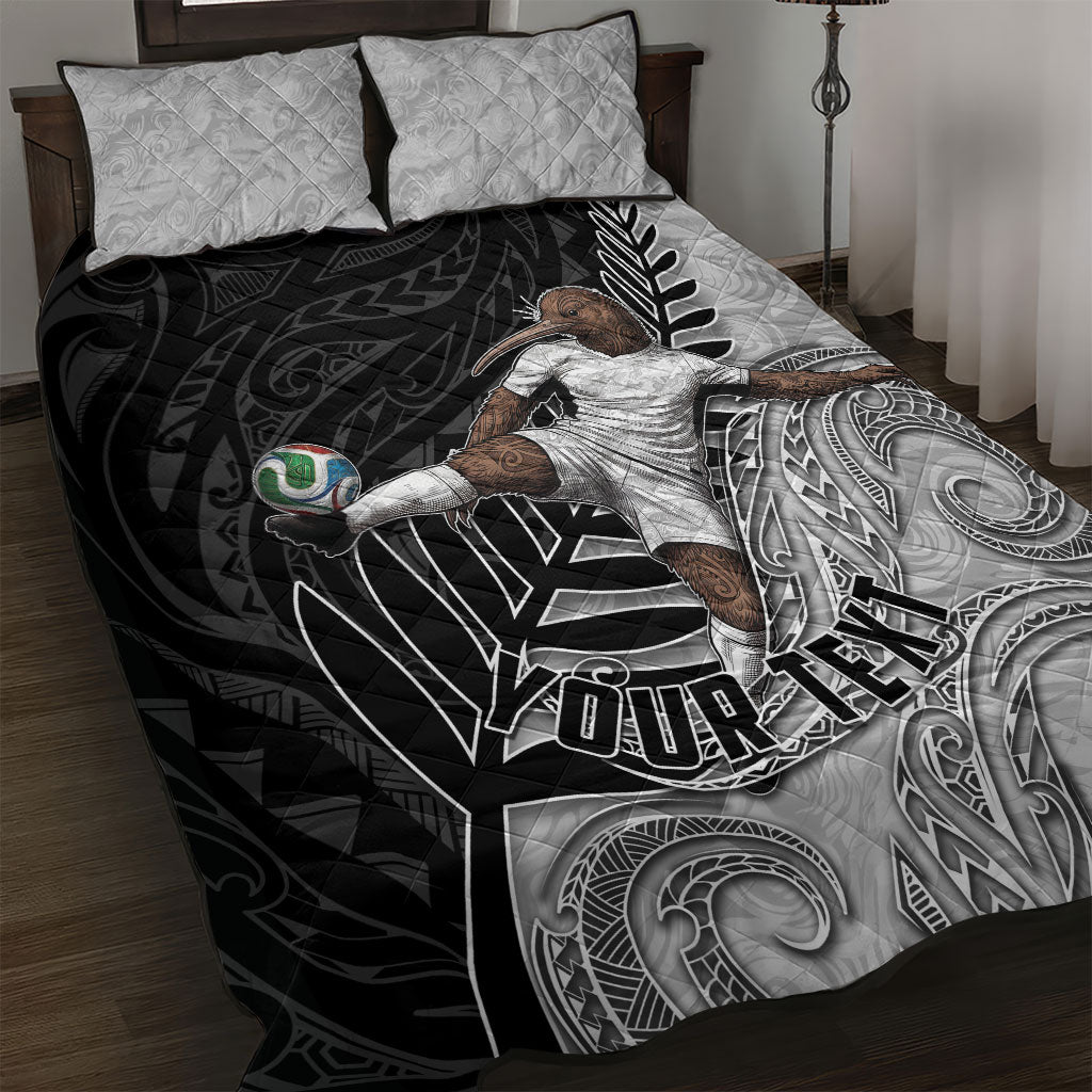 Personalized New Zealand Football Quilt Bed Set Kiwi Mascot with Silver Fern - Maori Tribal Tattoo Art TS04 Black White - Polynesian Pride