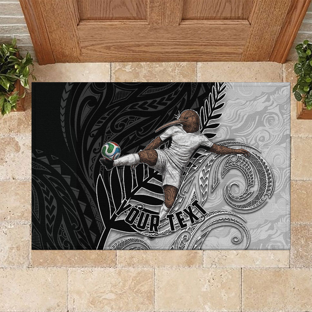 Personalized New Zealand Football Rubber Doormat Kiwi Mascot with Silver Fern - Maori Tribal Tattoo Art TS04 Black White - Polynesian Pride