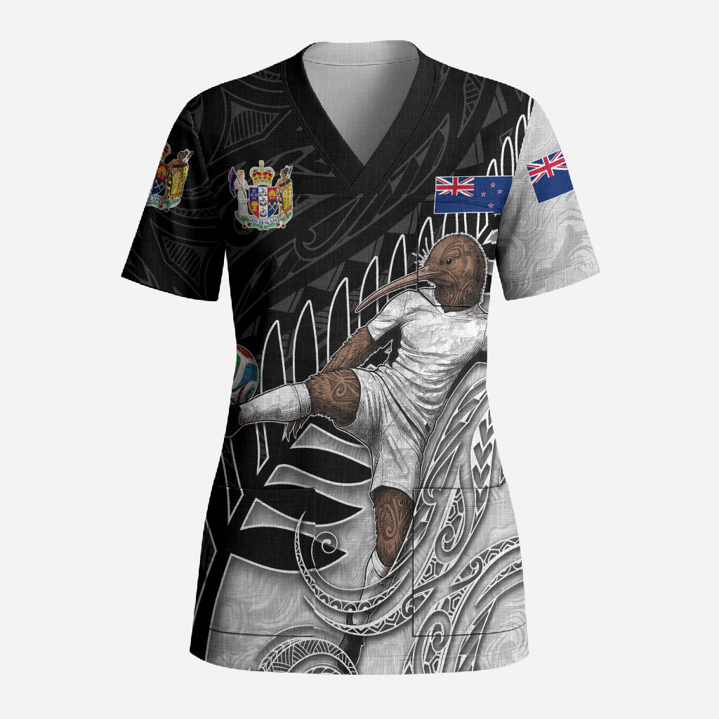 Personalized New Zealand Football Scrub Top Kiwi Mascot with Silver Fern - Maori Tribal Tattoo Art TS04 Adult Black White - Polynesian Pride
