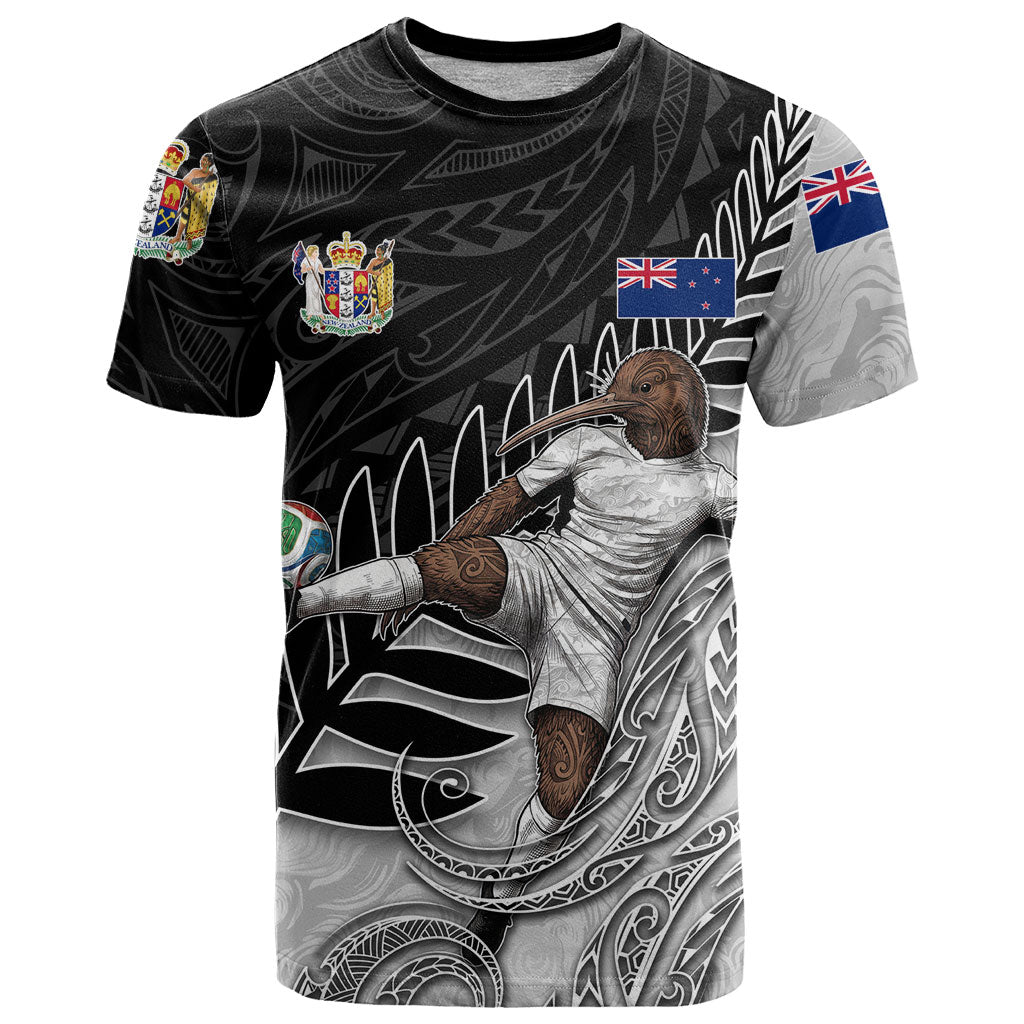 Personalized New Zealand Football T Shirt Kiwi Mascot with Silver Fern - Maori Tribal Tattoo Art TS04 Black White - Polynesian Pride