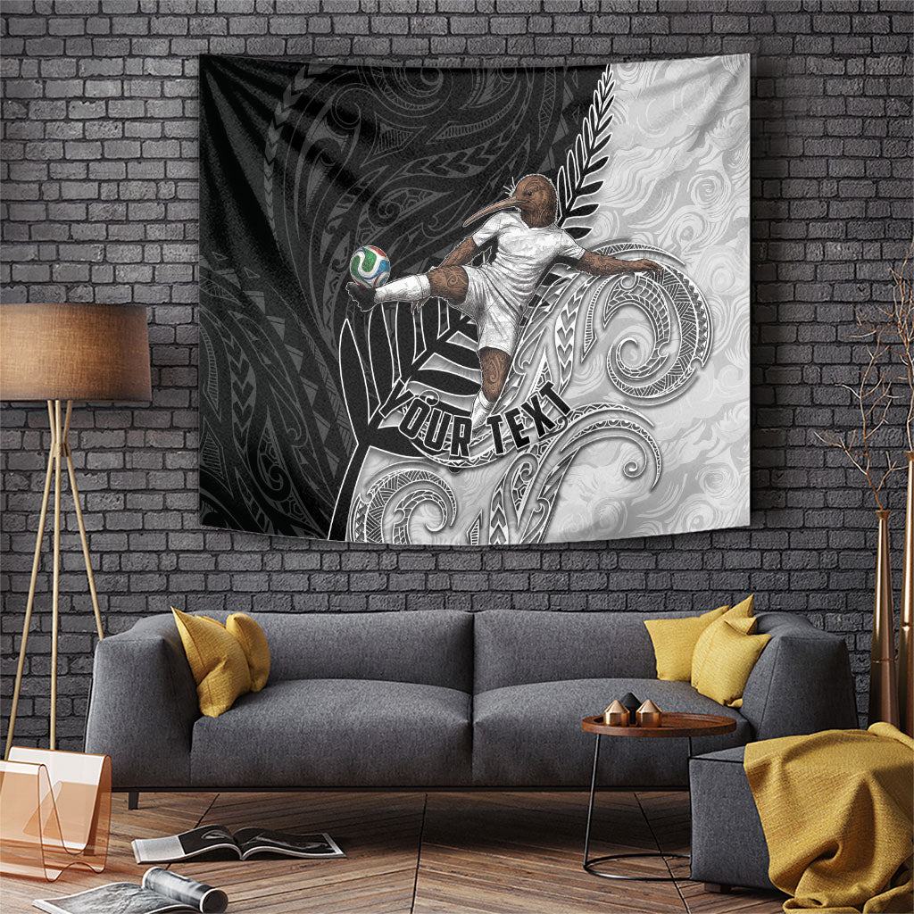 Personalized New Zealand Football Tapestry Kiwi Mascot with Silver Fern - Maori Tribal Tattoo Art TS04 Black White - Polynesian Pride