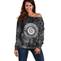 Hawaiian Piko Off Shoulder Sweater Cultural Anchor Connect Your Roots Ocean Waves TS04 Women Black Grey - Polynesian Pride