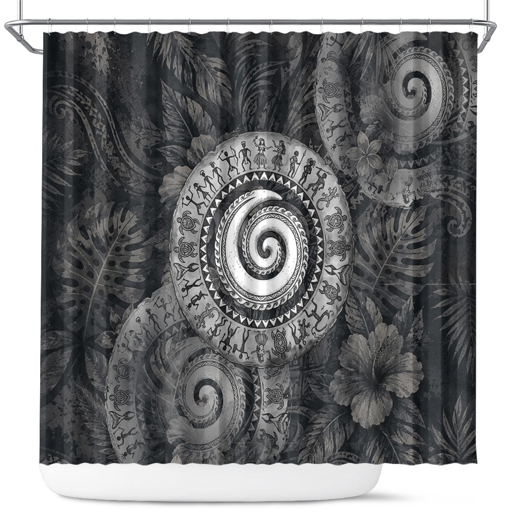 Hawaiian Piko Shower Curtain Cultural Anchor Connect Your Roots Ocean Waves TS04 Black Grey - Polynesian Pride