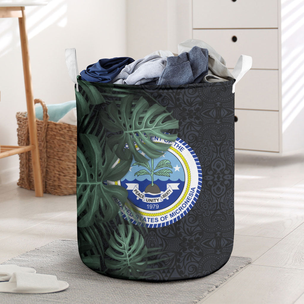 Federated States Of Micronesia Laundry Basket FSM Tropical Monstera Leaf Dark Tribal Pattern TS04 Black Green - Polynesian Pride