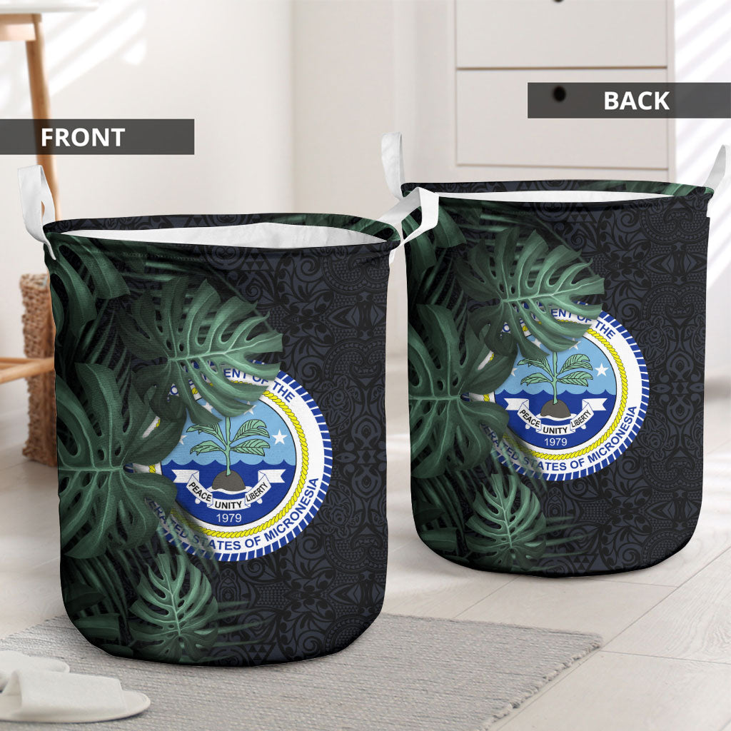 Federated States Of Micronesia Laundry Basket FSM Tropical Monstera Leaf Dark Tribal Pattern TS04 - Polynesian Pride
