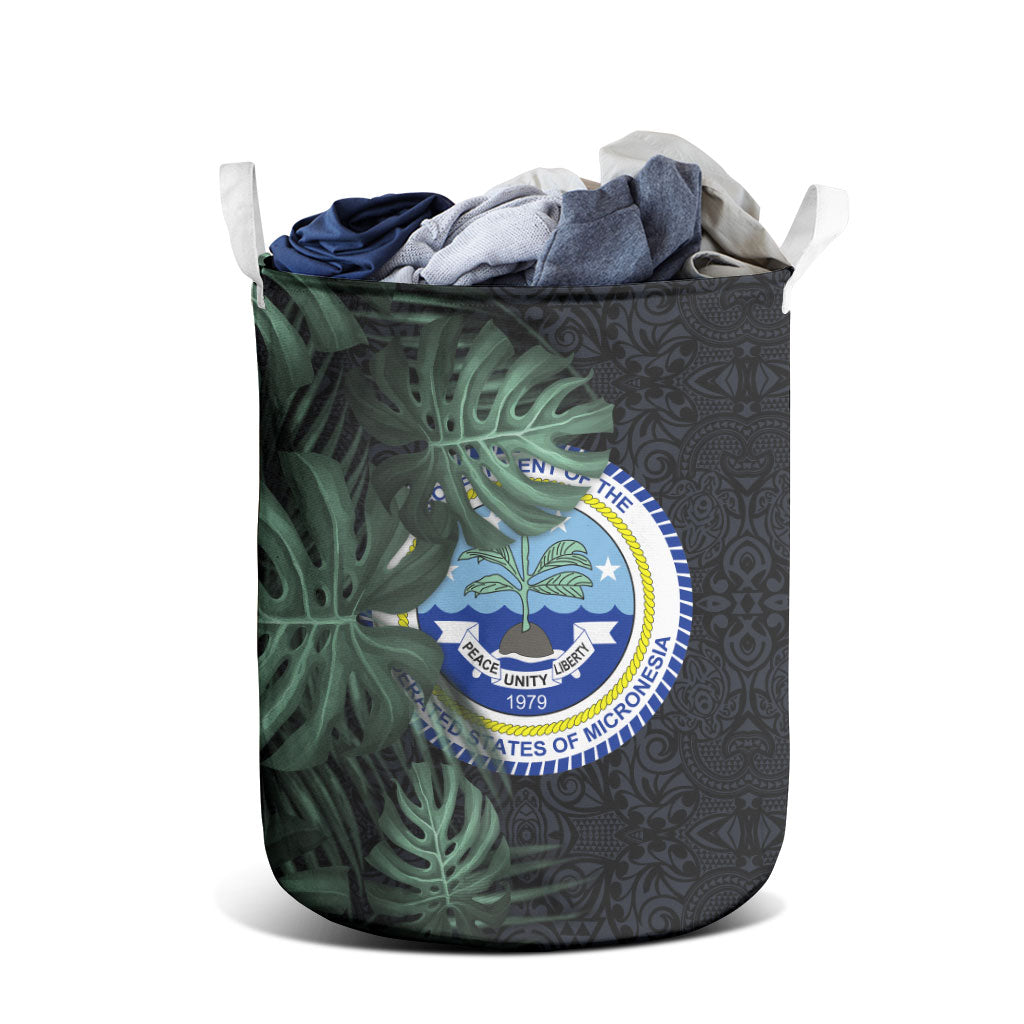 Federated States Of Micronesia Laundry Basket FSM Tropical Monstera Leaf Dark Tribal Pattern TS04 - Polynesian Pride
