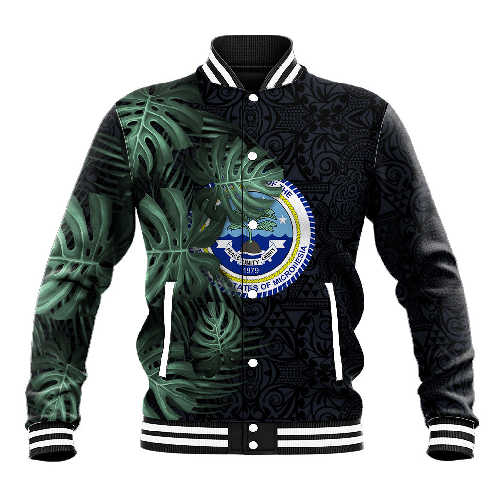 Federated States Of Micronesia Baseball Jacket FSM Tropical Monstera Leaf Dark Tribal Pattern TS04 Unisex Black Green - Polynesian Pride