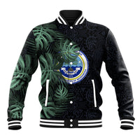 Federated States Of Micronesia Baseball Jacket FSM Tropical Monstera Leaf Dark Tribal Pattern TS04 Unisex Black Green - Polynesian Pride