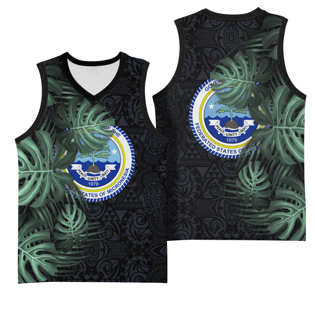 Federated States Of Micronesia Basketball Jersey FSM Tropical Monstera Leaf Dark Tribal Pattern TS04 - Polynesian Pride