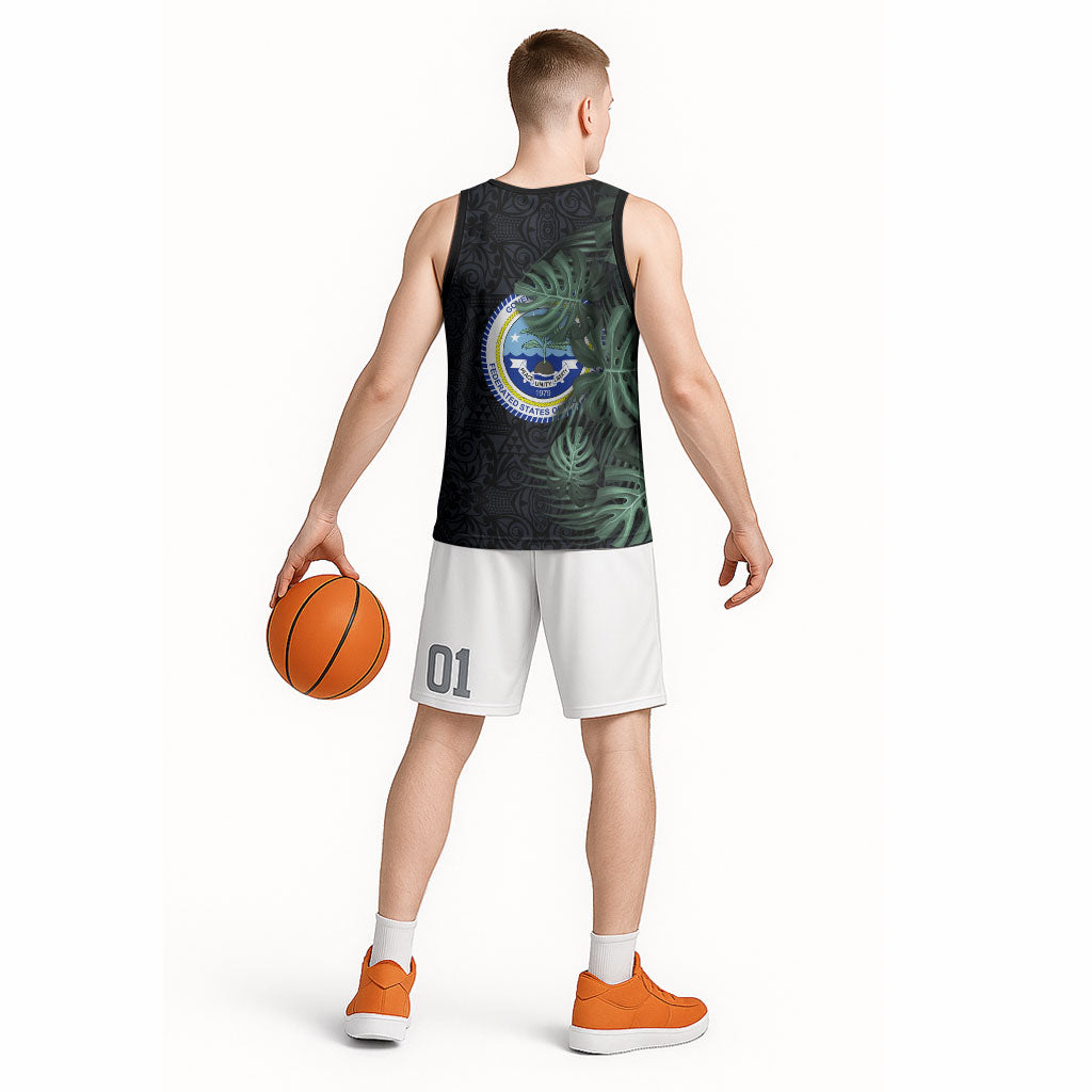 Federated States Of Micronesia Basketball Jersey FSM Tropical Monstera Leaf Dark Tribal Pattern TS04 - Polynesian Pride