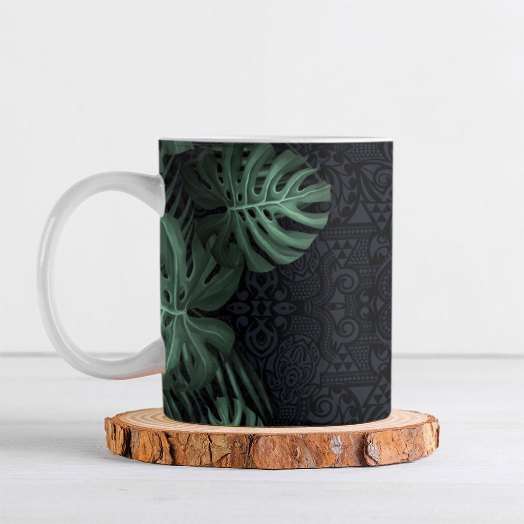 Federated States Of Micronesia Ceramic Mug FSM Tropical Monstera Leaf Dark Tribal Pattern TS04 Black Green - Polynesian Pride