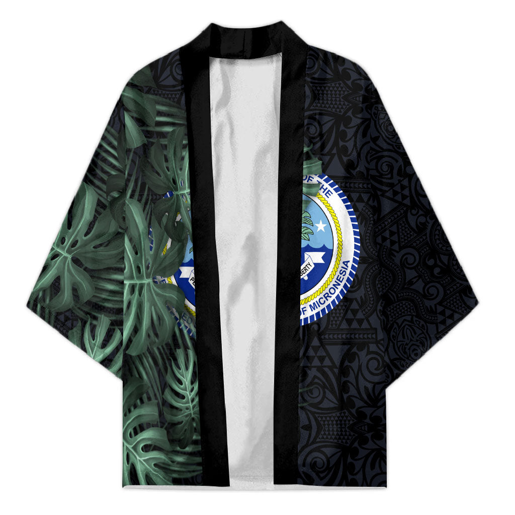 Federated States Of Micronesia Kimono FSM Tropical Monstera Leaf Dark Tribal Pattern TS04 Unisex Black Green - Polynesian Pride