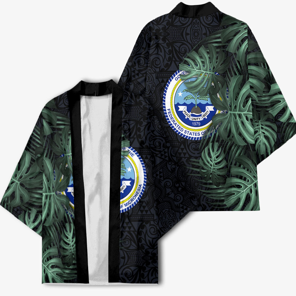 Federated States Of Micronesia Kimono FSM Tropical Monstera Leaf Dark Tribal Pattern TS04 - Polynesian Pride