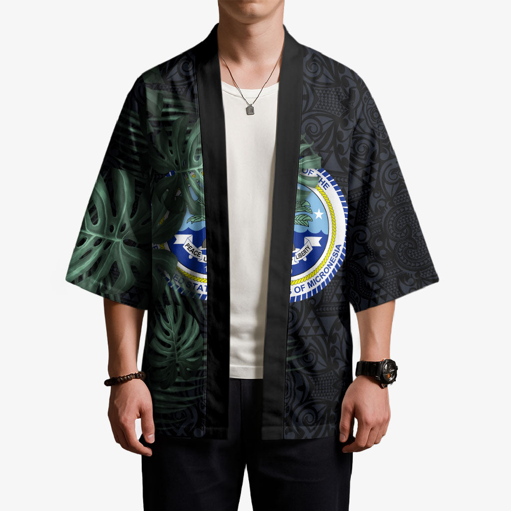 Federated States Of Micronesia Kimono FSM Tropical Monstera Leaf Dark Tribal Pattern TS04 - Polynesian Pride