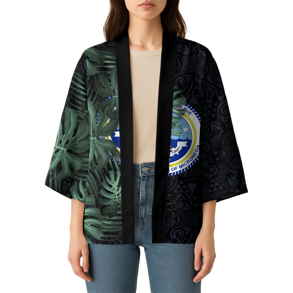 Federated States Of Micronesia Kimono FSM Tropical Monstera Leaf Dark Tribal Pattern TS04 - Polynesian Pride