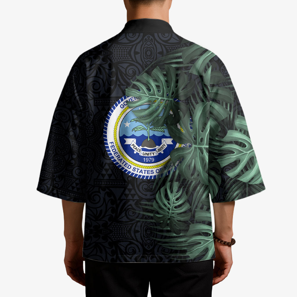 Federated States Of Micronesia Kimono FSM Tropical Monstera Leaf Dark Tribal Pattern TS04 - Polynesian Pride