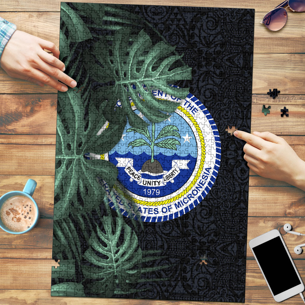 Federated States Of Micronesia Puzzle FSM Tropical Monstera Leaf Dark Tribal Pattern TS04 Black Green - Polynesian Pride