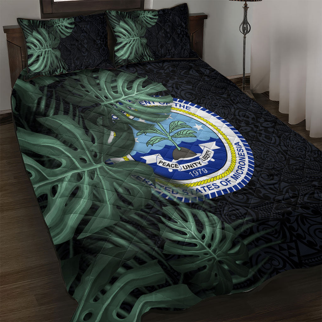 Federated States Of Micronesia Quilt Bed Set FSM Tropical Monstera Leaf Dark Tribal Pattern TS04 Black Green - Polynesian Pride
