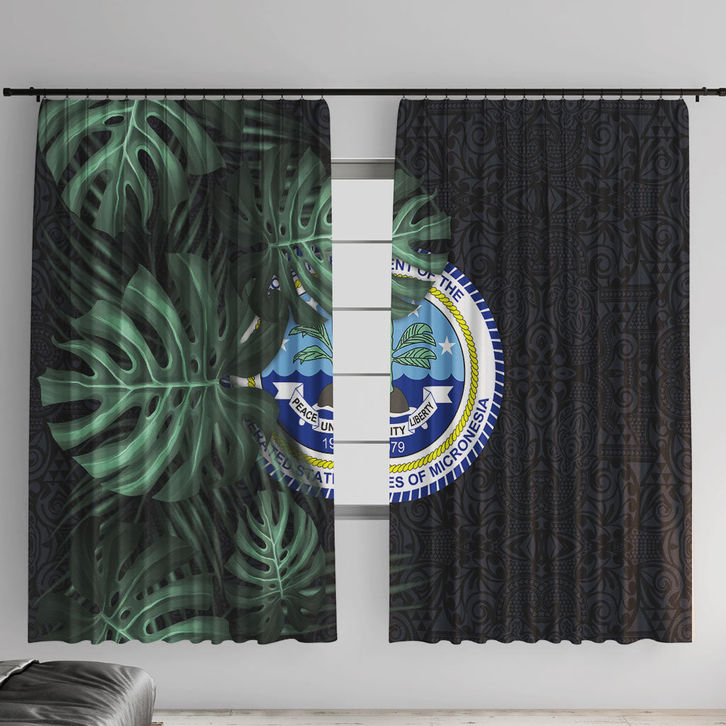 Federated States Of Micronesia Window Curtain FSM Tropical Monstera Leaf Dark Tribal Pattern TS04 With Hooks Black Green - Polynesian Pride