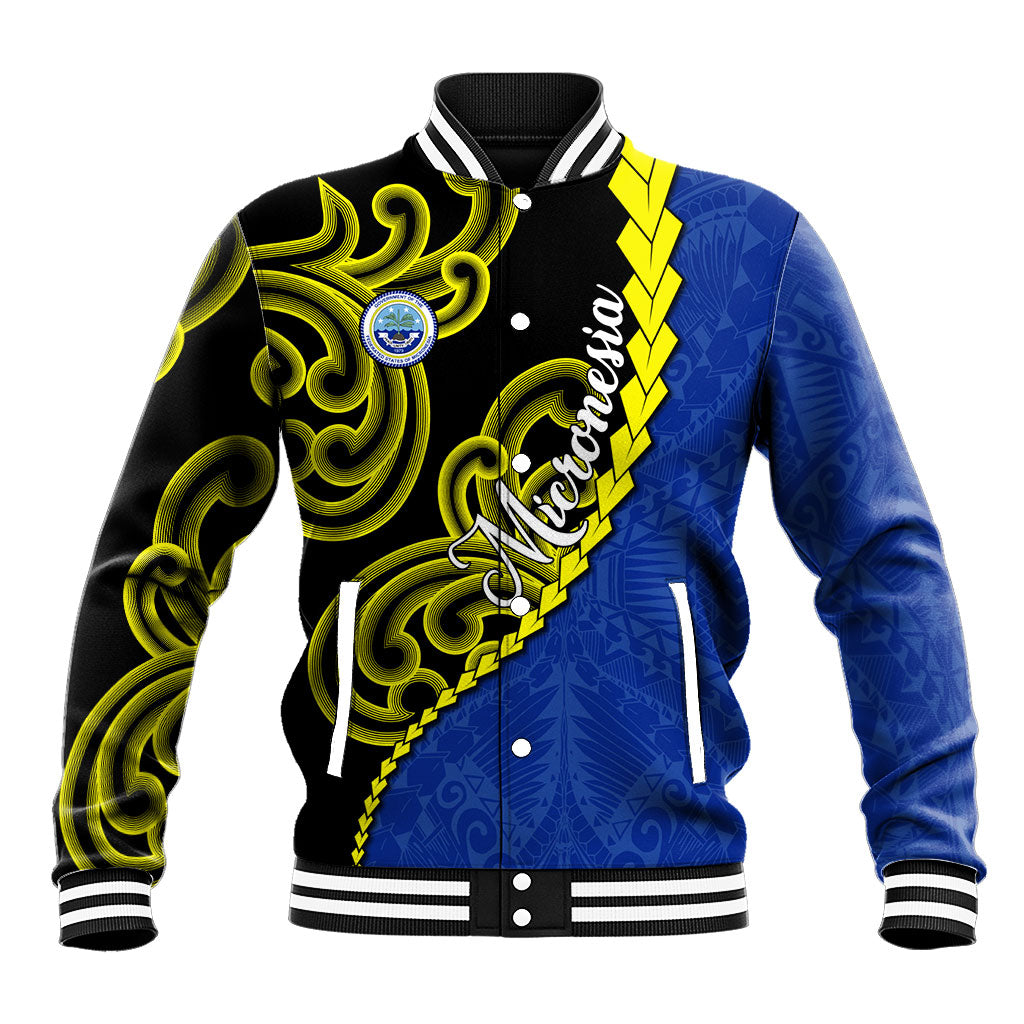Federated States Of Micronesia FSM Baseball Jacket Pacific Islander Tribal Swirl Geometric Pattern TS04 Unisex Black Blue - Polynesian Pride