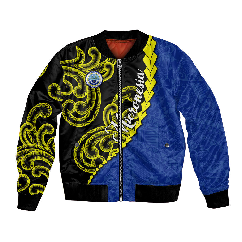 Federated States Of Micronesia FSM Bomber Jacket Pacific Islander Tribal Swirl Geometric Pattern TS04 Unisex Black Blue - Polynesian Pride