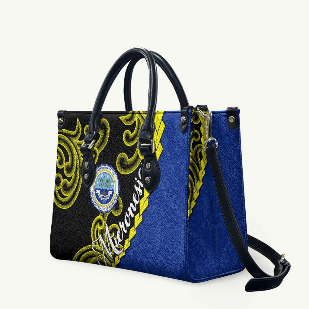 Federated States Of Micronesia FSM Leather Bag Pacific Islander Tribal Swirl Geometric Pattern TS04 Black Blue - Polynesian Pride