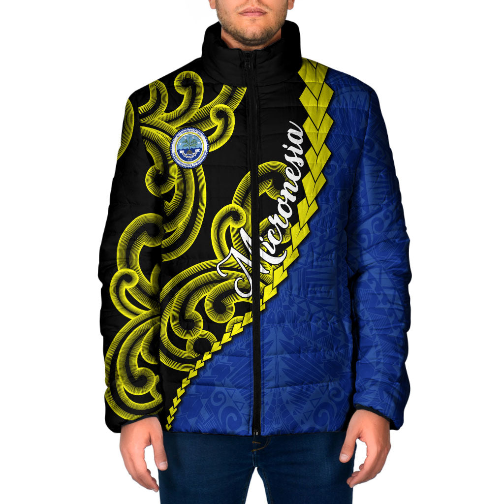 Federated States Of Micronesia FSM Padded Jacket Pacific Islander Tribal Swirl Geometric Pattern TS04 Men Black Blue - Polynesian Pride