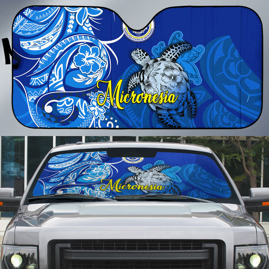 Micronesia Sea Turtle Auto Sun Shade Federated States Of Micronesia Tribal Floral Pattern TS04 Blue White - Polynesian Pride