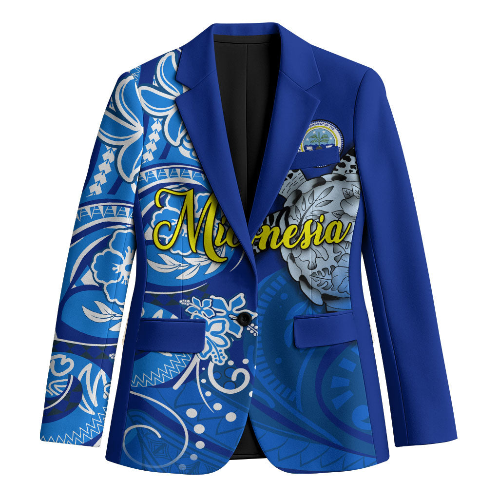 Micronesia Sea Turtle Blazer Federated States Of Micronesia Tribal Floral Pattern TS04 Unisex Blue White - Polynesian Pride