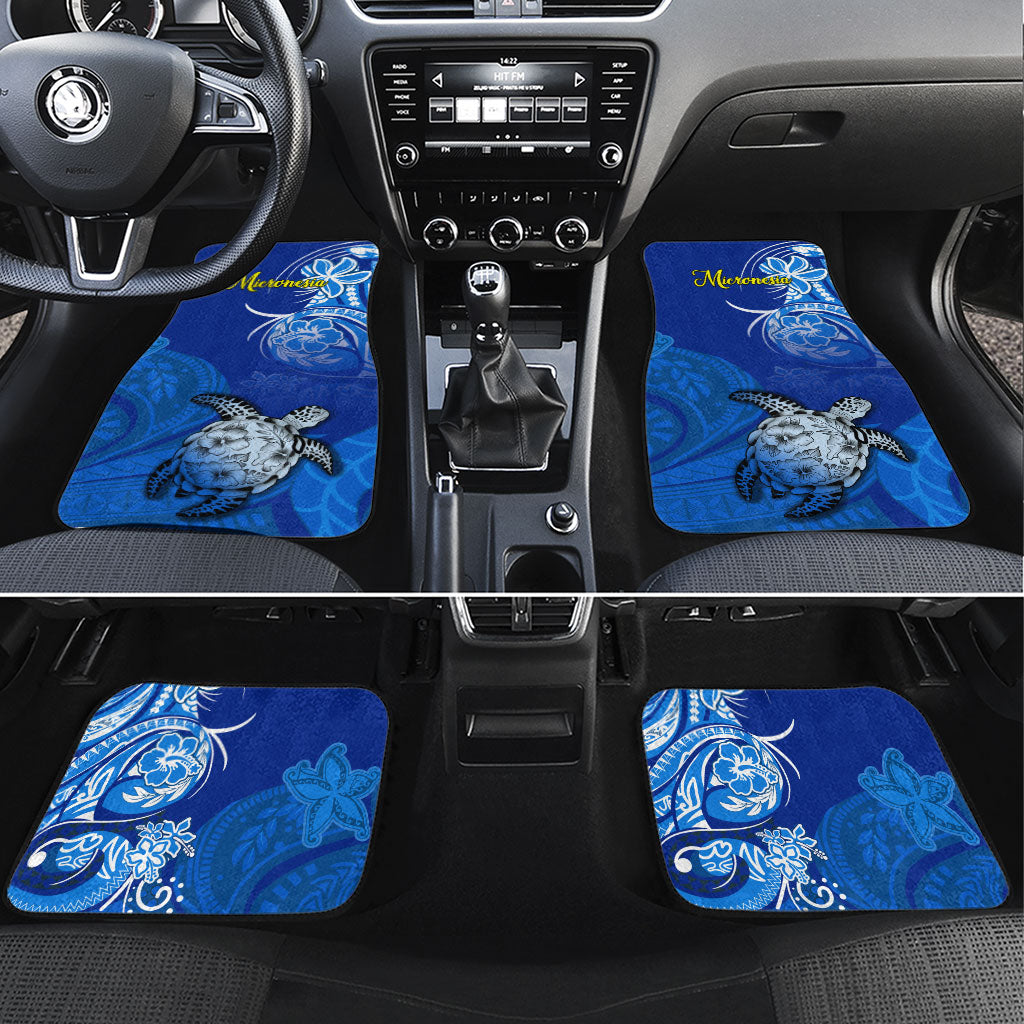 Micronesia Sea Turtle Car Mats Federated States Of Micronesia Tribal Floral Pattern TS04 Set 4pcs Blue White - Polynesian Pride