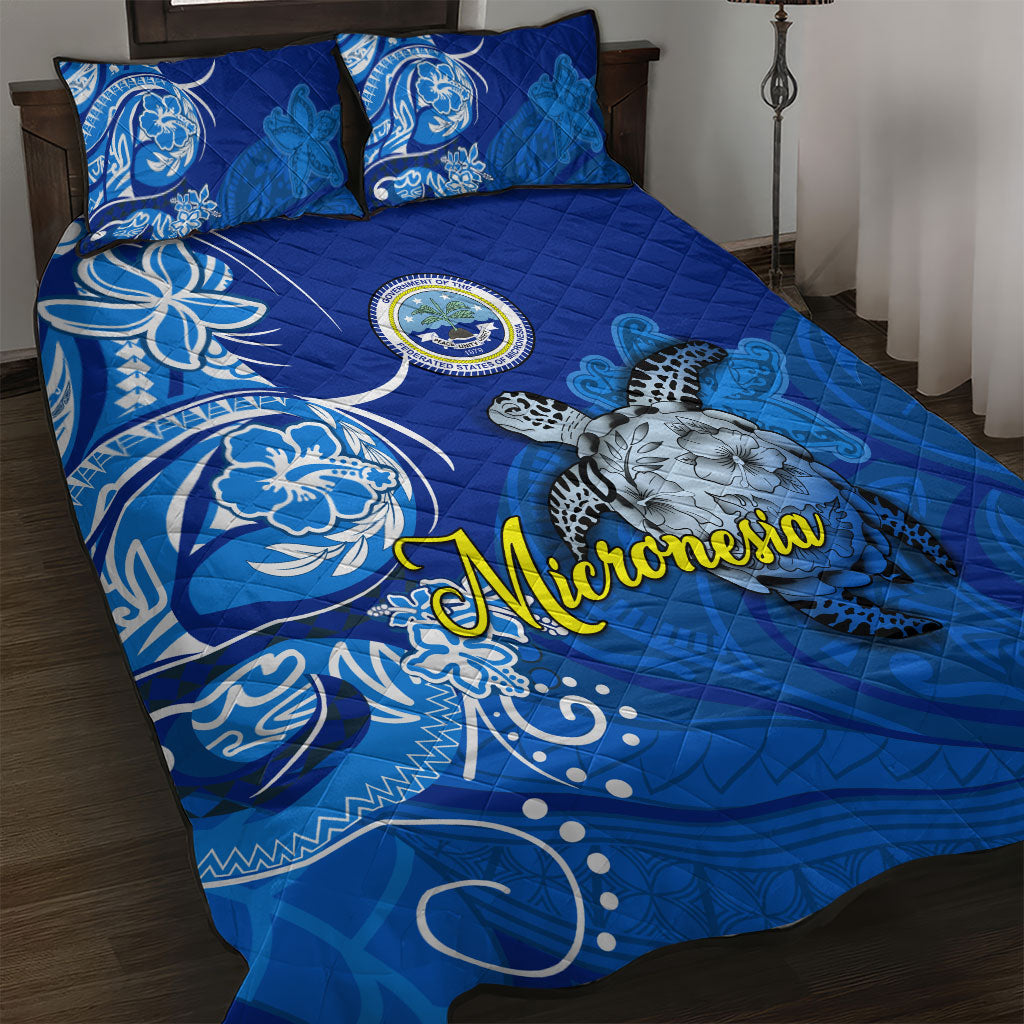 Micronesia Sea Turtle Quilt Bed Set Federated States Of Micronesia Tribal Floral Pattern TS04 Blue White - Polynesian Pride