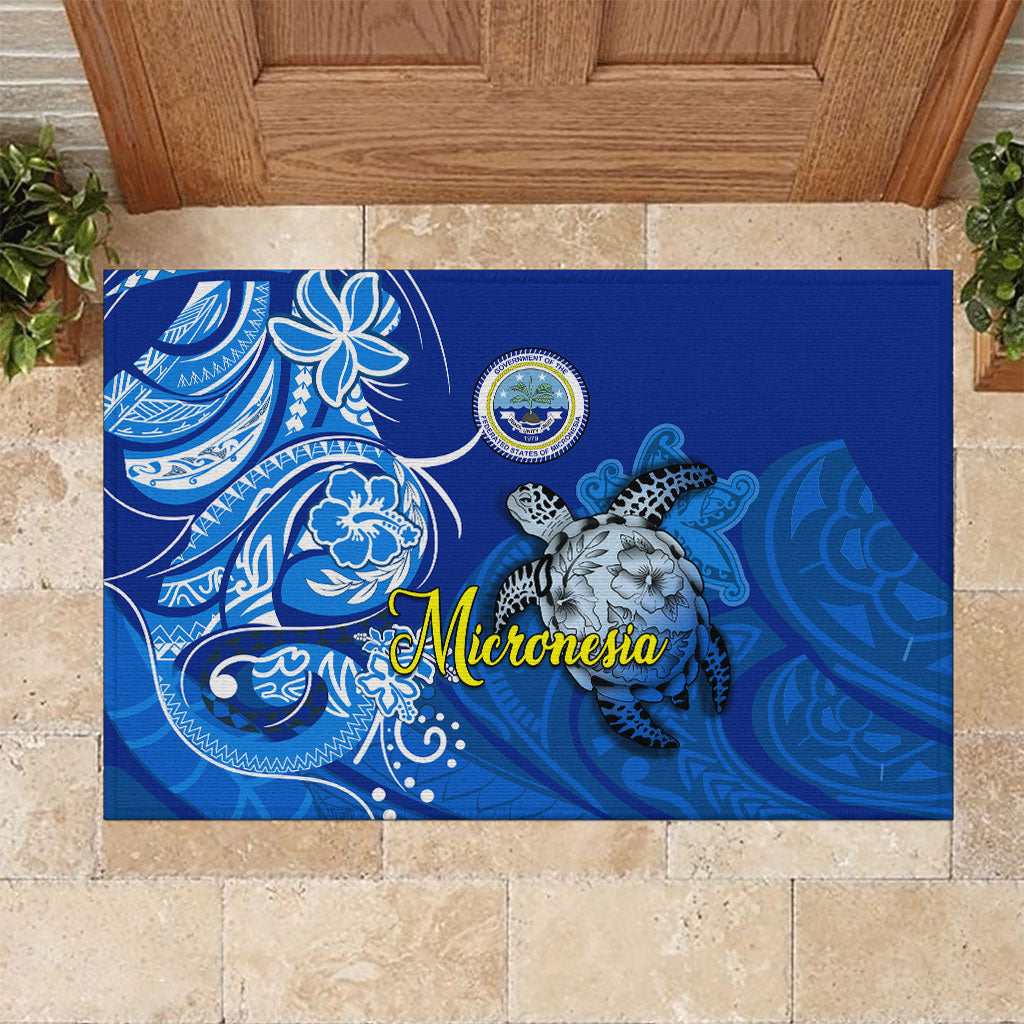 Micronesia Sea Turtle Rubber Doormat Federated States Of Micronesia Tribal Floral Pattern TS04 Blue White - Polynesian Pride