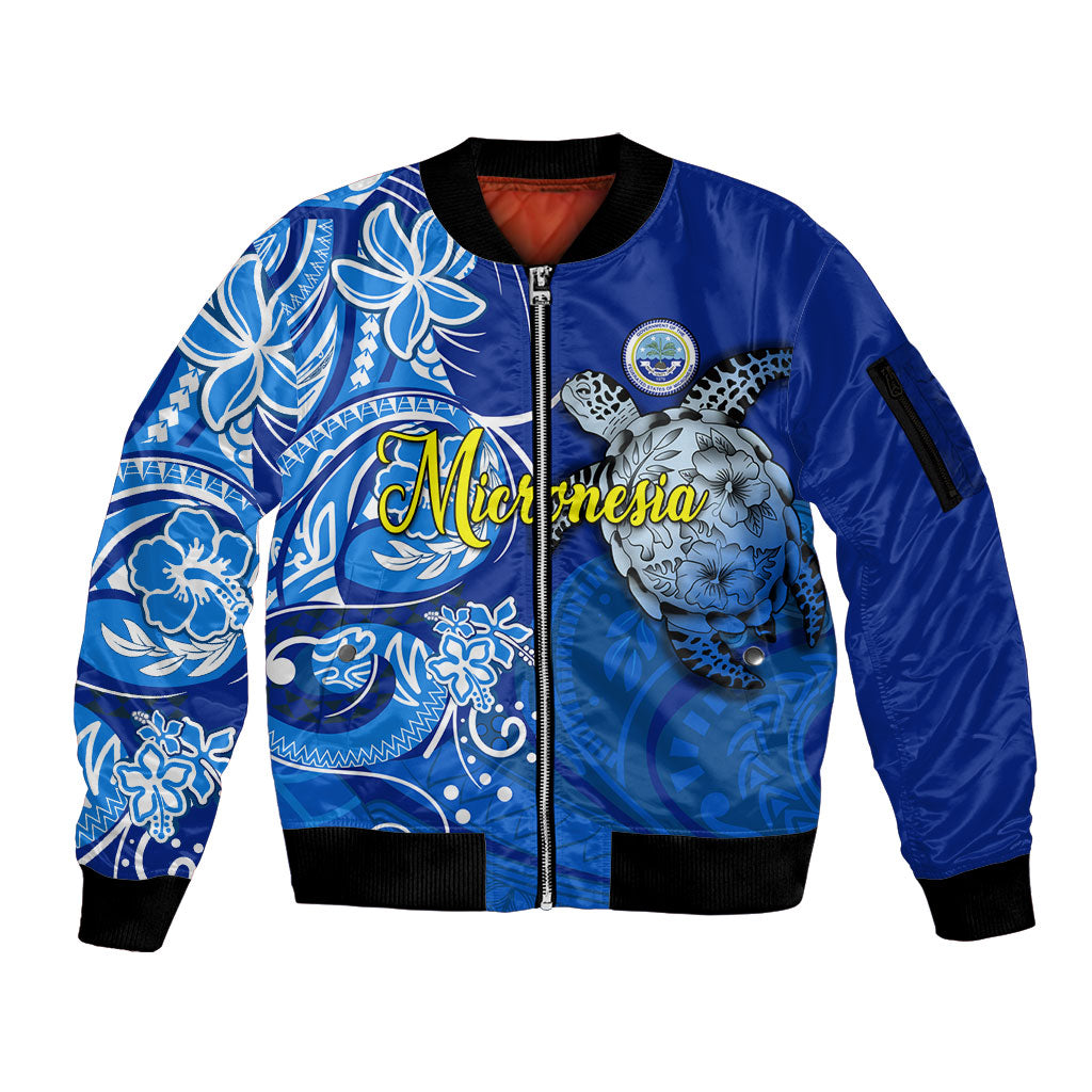 Micronesia Sea Turtle Sleeve Zip Bomber Jacket Federated States Of Micronesia Tribal Floral Pattern TS04 Unisex Blue White - Polynesian Pride