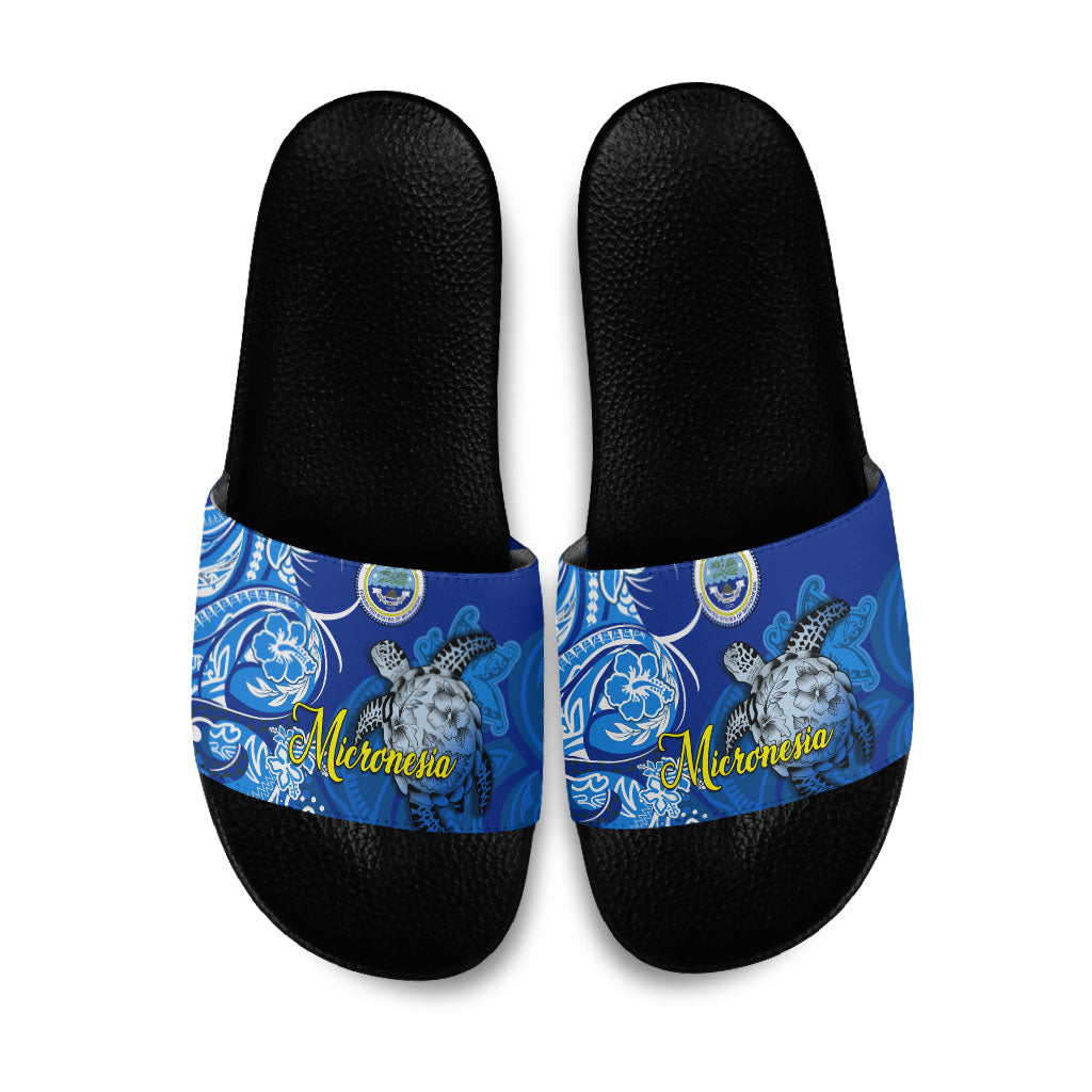 Micronesia Sea Turtle Slide Sandals Federated States Of Micronesia Tribal Floral Pattern TS04 Blue White - Polynesian Pride