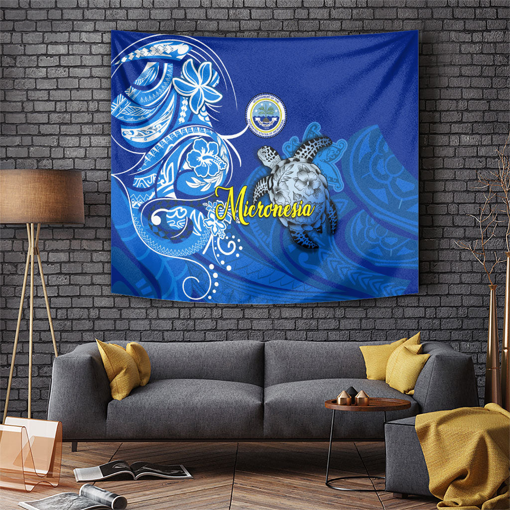 Micronesia Sea Turtle Tapestry Federated States Of Micronesia Tribal Floral Pattern TS04 Blue White - Polynesian Pride