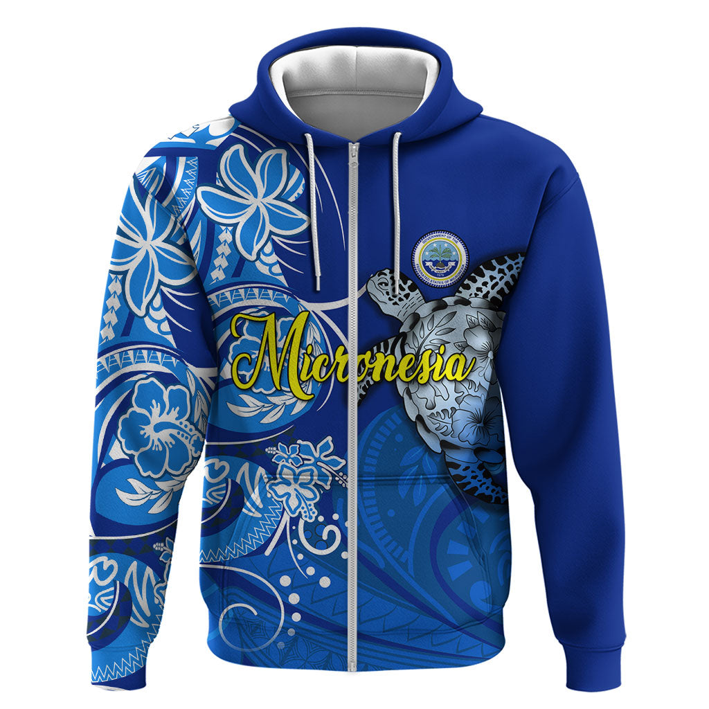 Micronesia Sea Turtle Zip Hoodie Federated States Of Micronesia Tribal Floral Pattern TS04 Zip Hoodie Blue White - Polynesian Pride