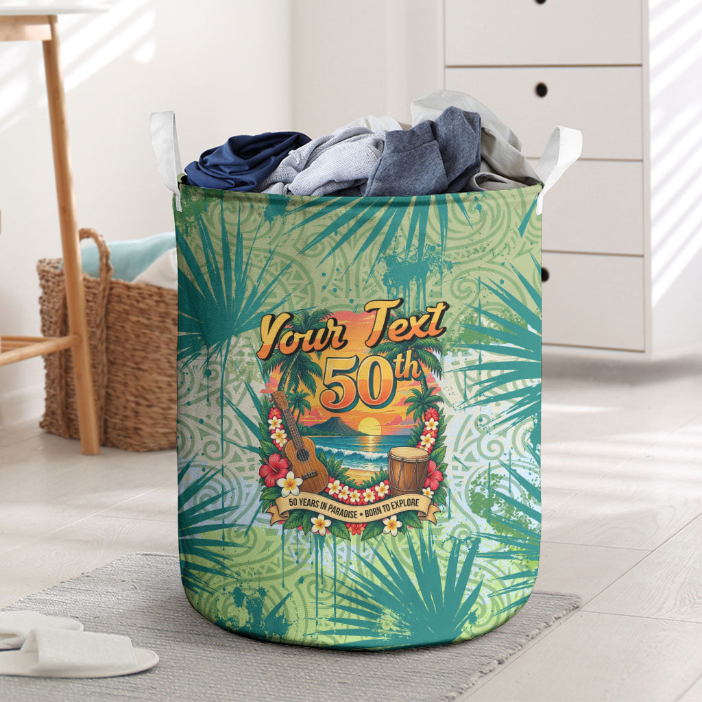 Personalized Polynesia 50th Birthday Laundry Basket Vintage Hawaiian Floral Ukulele Tropical Sunset Art