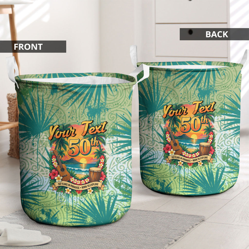 Personalized Polynesia 50th Birthday Laundry Basket Vintage Hawaiian Floral Ukulele Tropical Sunset Art