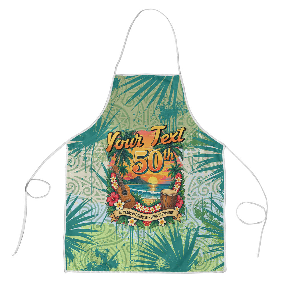 Personalized Polynesia 50th Birthday Apron Vintage Hawaiian Floral Ukulele Tropical Sunset Art