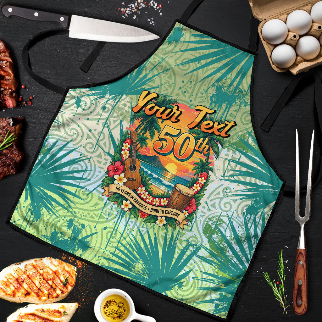 Personalized Polynesia 50th Birthday Apron Vintage Hawaiian Floral Ukulele Tropical Sunset Art