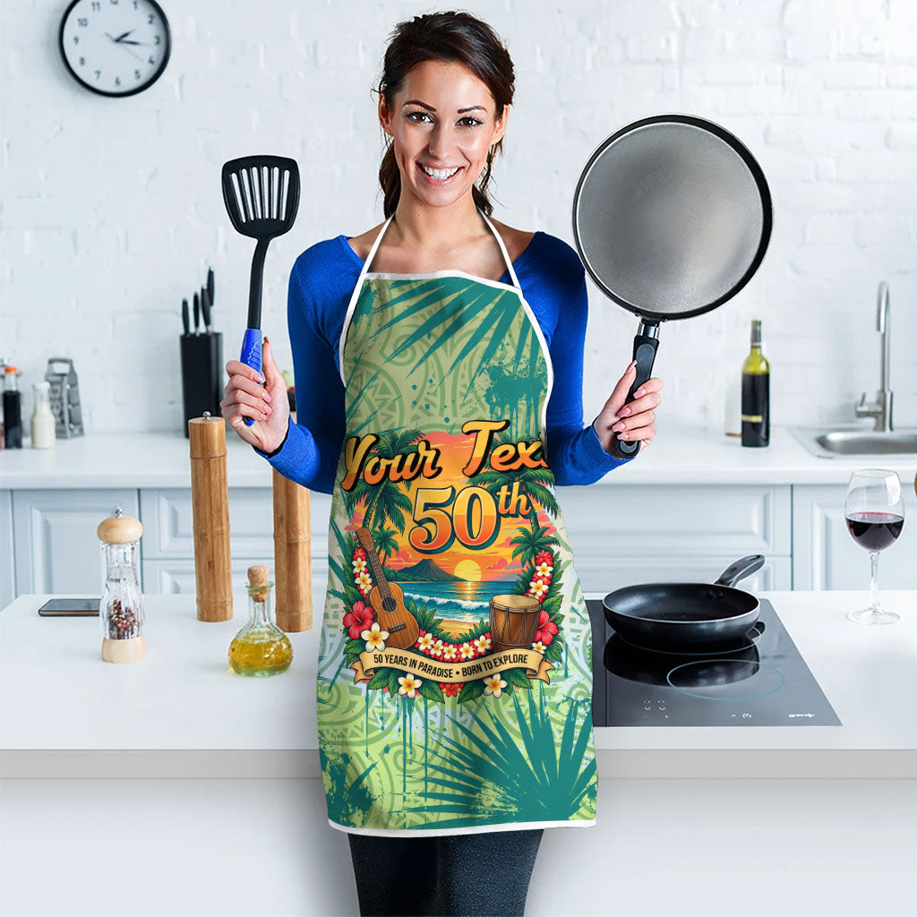 Personalized Polynesia 50th Birthday Apron Vintage Hawaiian Floral Ukulele Tropical Sunset Art