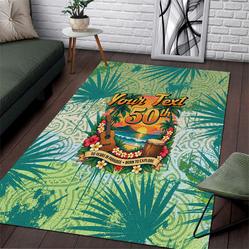Personalized Polynesia 50th Birthday Area Rug Vintage Hawaiian Floral Ukulele Tropical Sunset Art