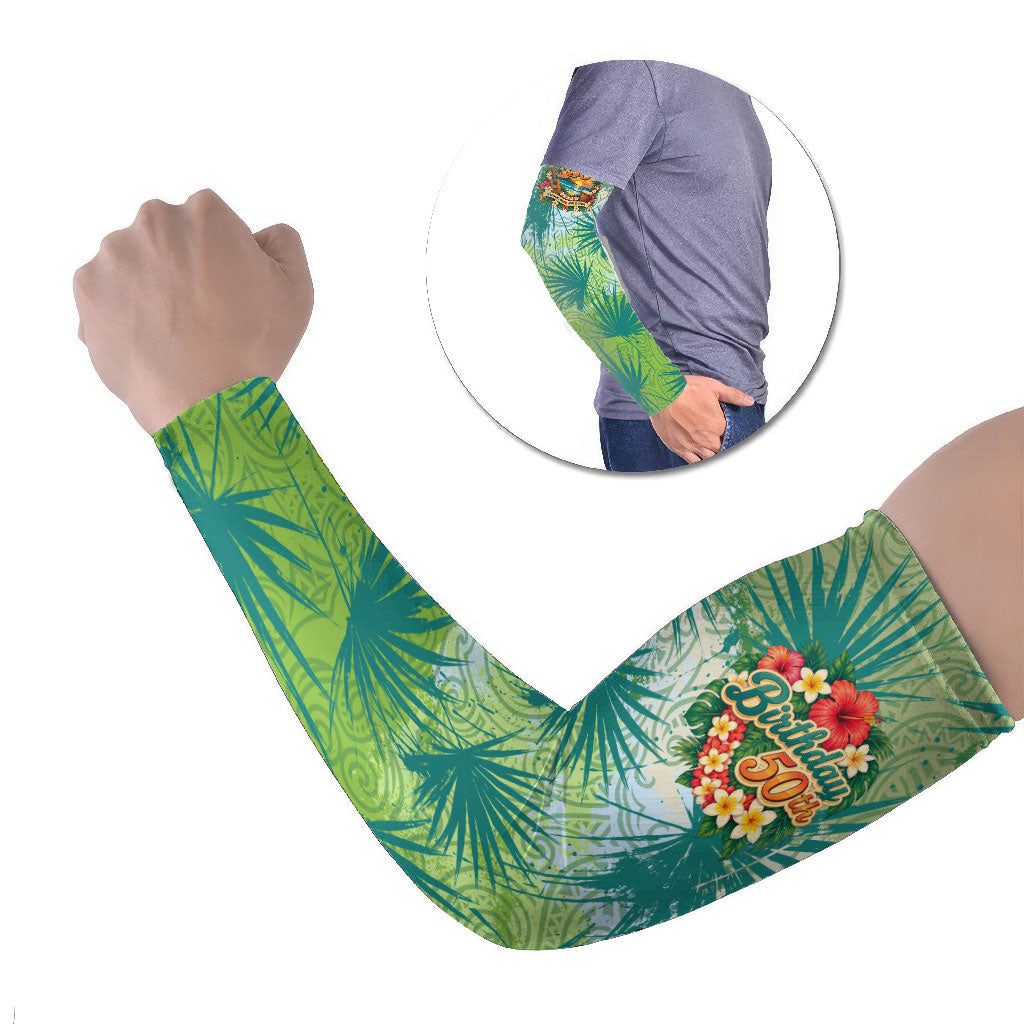 Personalized Polynesia 50th Birthday Arm Sleeves Vintage Hawaiian Floral Ukulele Tropical Sunset Art