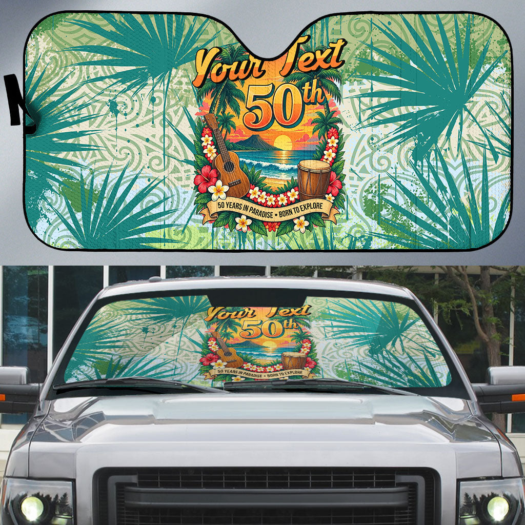 Personalized Polynesia 50th Birthday Auto Sun Shade Vintage Hawaiian Floral Ukulele Tropical Sunset Art
