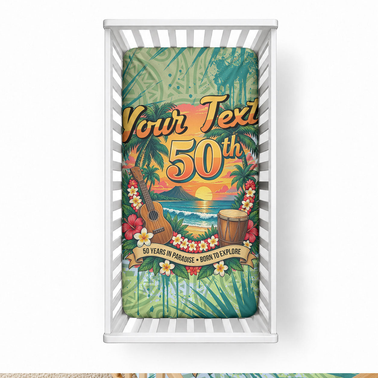 Personalized Polynesia 50th Birthday Baby Bed Cover Vintage Hawaiian Floral Ukulele Tropical Sunset Art
