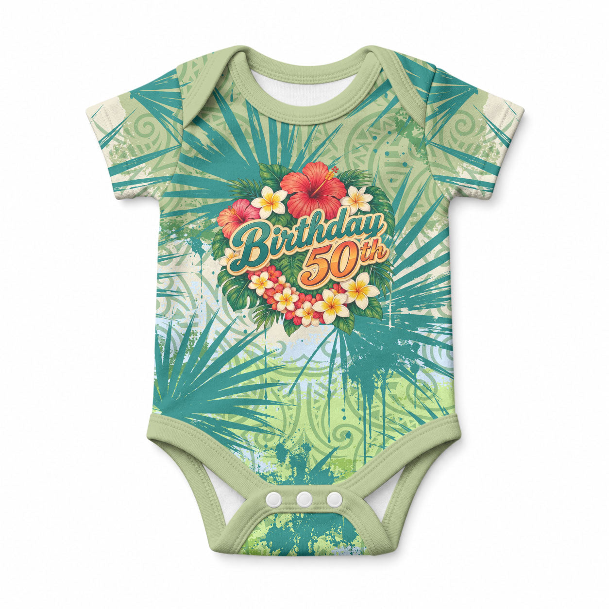 Personalized Polynesia 50th Birthday Baby Onesie Vintage Hawaiian Floral Ukulele Tropical Sunset Art