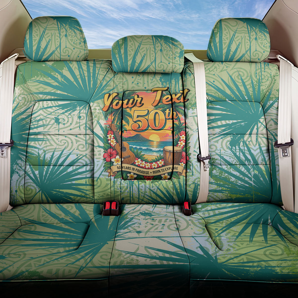 Personalized Polynesia 50th Birthday Back Car Seat Cover Vintage Hawaiian Floral Ukulele Tropical Sunset Art