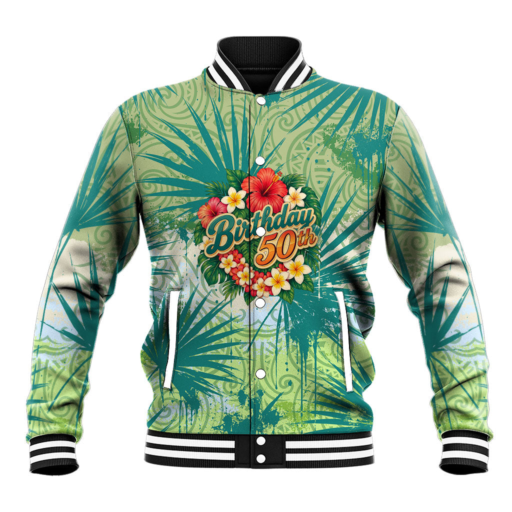 Personalized Polynesia 50th Birthday Baseball Jacket Vintage Hawaiian Floral Ukulele Tropical Sunset Art