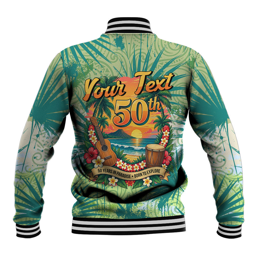 Personalized Polynesia 50th Birthday Baseball Jacket Vintage Hawaiian Floral Ukulele Tropical Sunset Art
