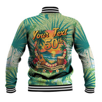 Personalized Polynesia 50th Birthday Baseball Jacket Vintage Hawaiian Floral Ukulele Tropical Sunset Art